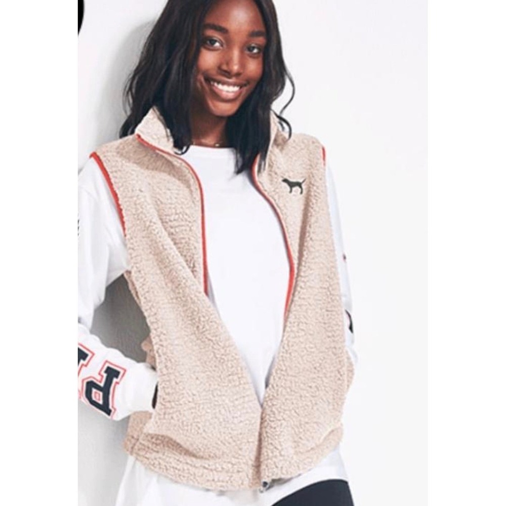 Victoria's Secret PINK Sherpa Fleece Vest Cream Pink Barbiecore Full Zip Small